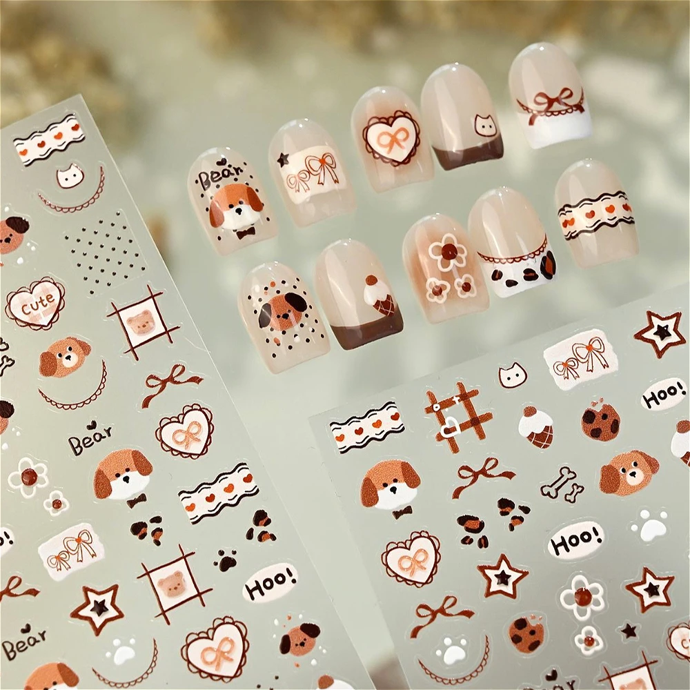 

Lovely Brown Puppy Bone Cookies Bowknot Lace Love Star Flowers 3D Jelly Self Adhesive Nail Art Stickers Cute Manicure Decals