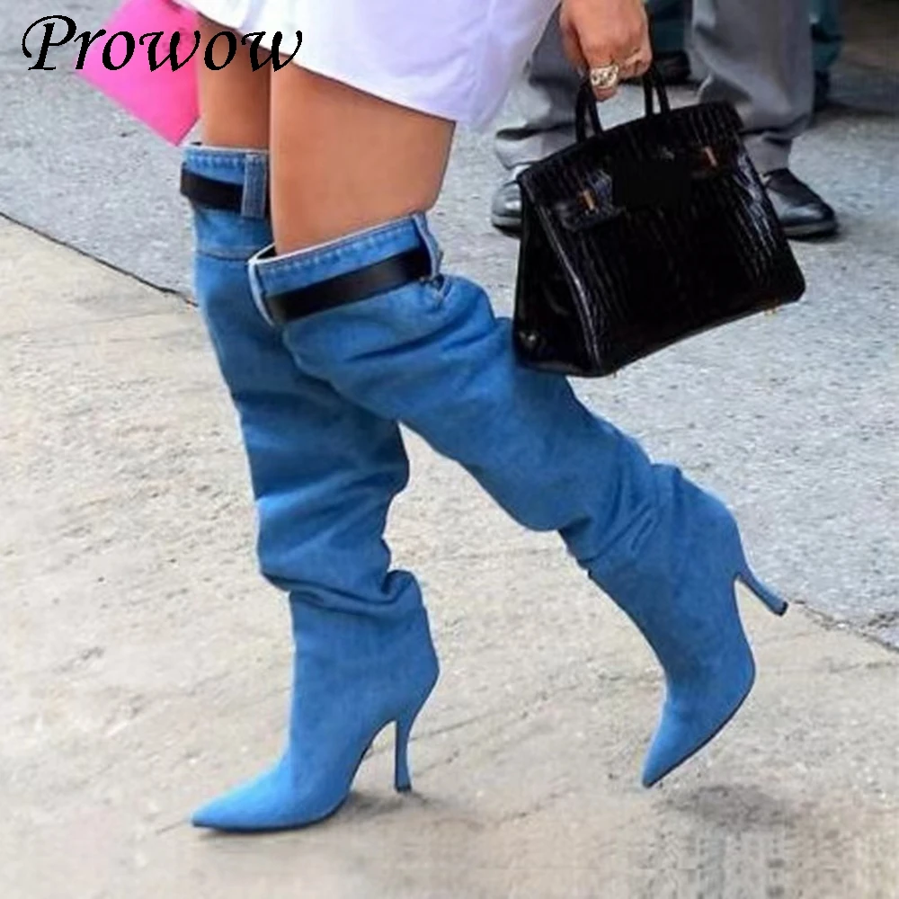 

Новые синие джинсовые сапоги выше колена на тонком каблуке с острым носком в стиле ретро, женская обувь Zapatos Mujer