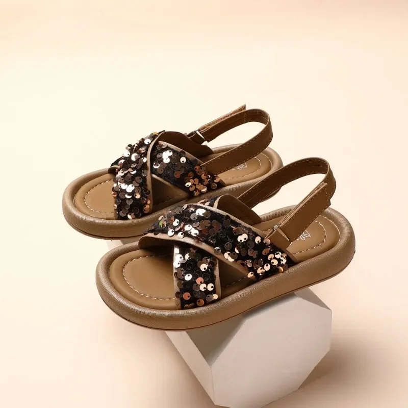 

Girls Sandals Summer Sequins Kids Princess Causal Beach Shoes Fashion Soft Bottom Children Open-toe Sandals Soft Soled Hook Loop