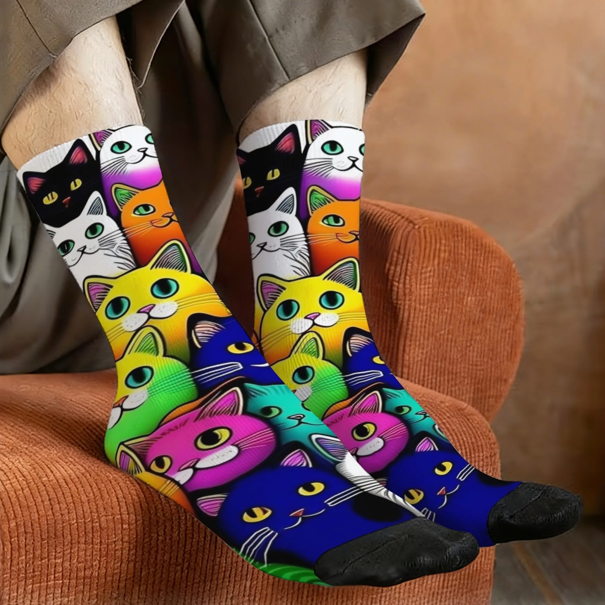 

Funny Color Cat Pattern Print Men Socks Comfortable and Refreshing Men's Fashion Socks Whimsical Gift for Daily Wear Festival
