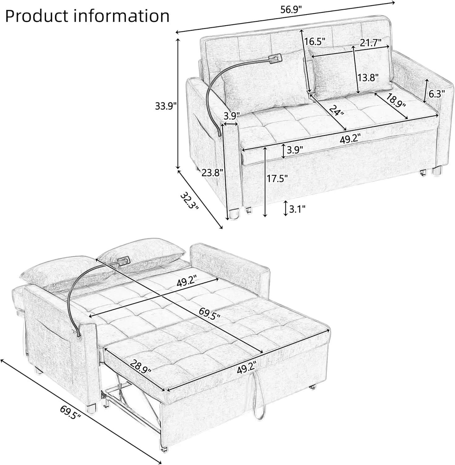 Pull-Out Sofa Bed, Sleeper Sofa With A Reversible Backrest Cushion, 56.9