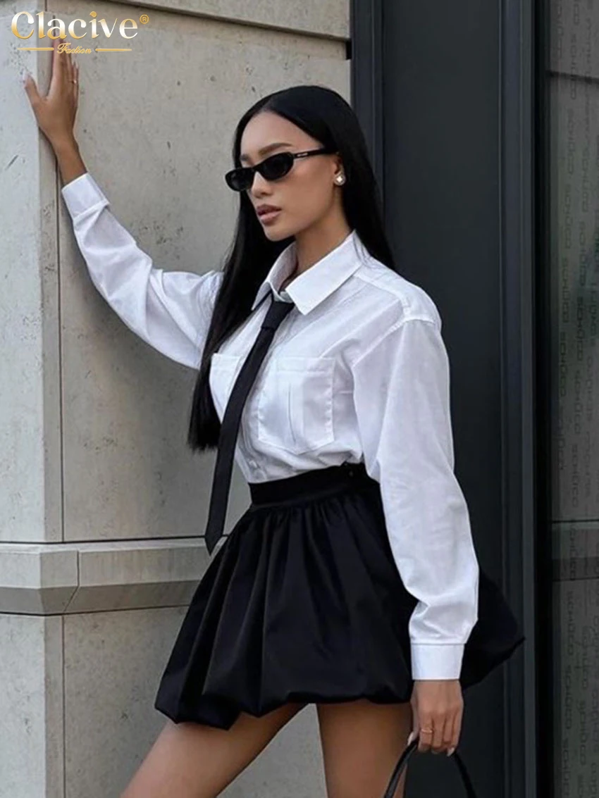 Clacive Fashion Loose White Cotton Skirts Sets Women 2 Pieces Elegant Long Sleeve Shirt With High Waist Pleated Mini Skirt Set