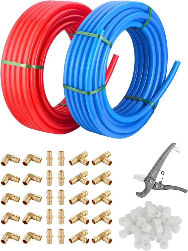 Tubo/tubo Pex-A de 1/2 pulgada, 2 x 100 pies (todo en uno), rojo y azul, 200 pies, 30 piezas, accesorios pex de expansión de latón de 1/2", camiseta acodada