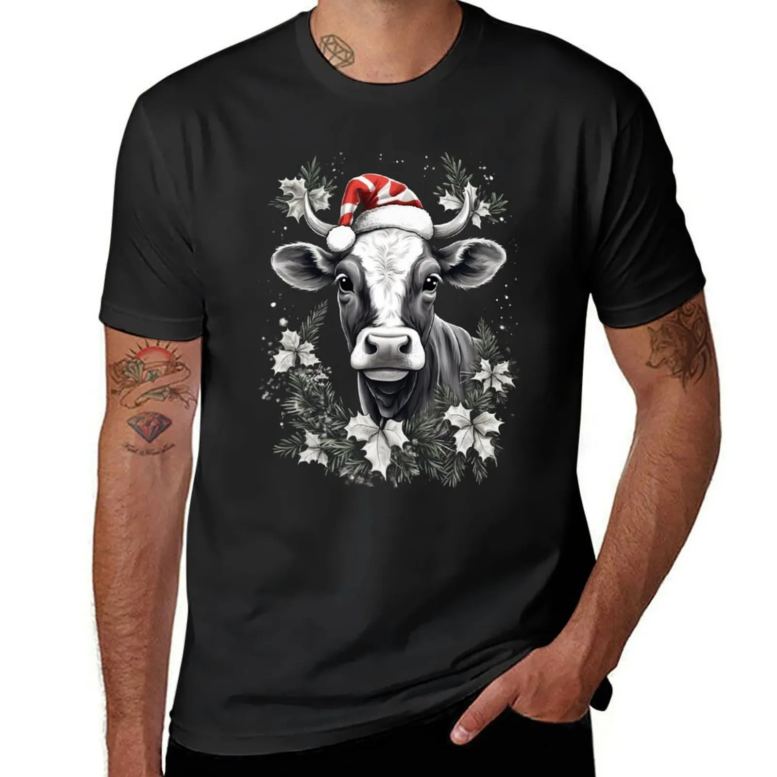 Cow Christmas Scene Window Pictures for Chalk Marker T-shirt summer tops korean fashion Men's t-shirt