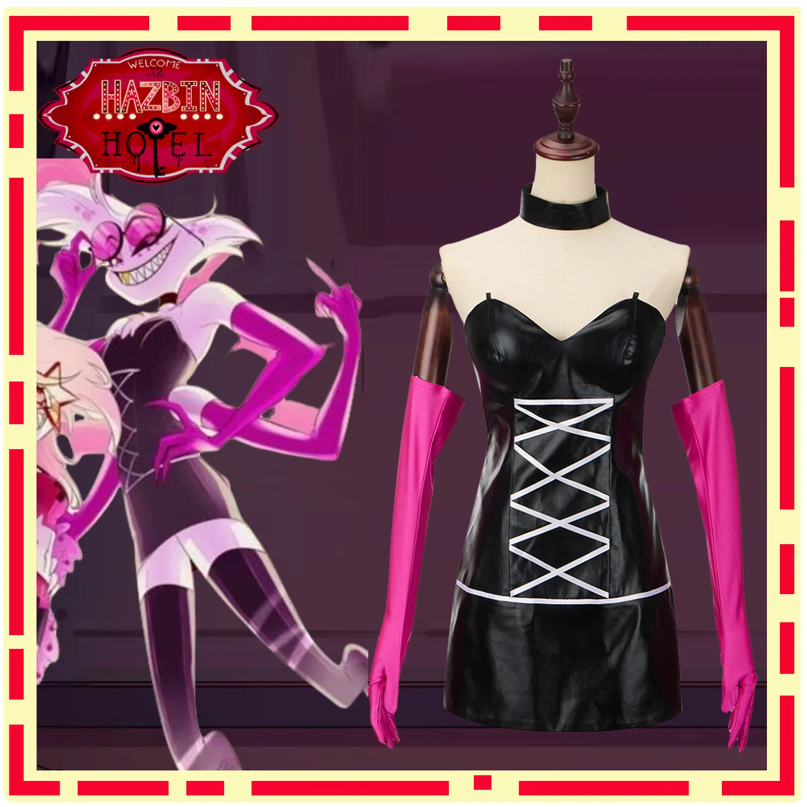 Hazbin disfraz de Cosplay de Angel Dust para mujer, conjunto completo de calcetines de vestir para mujer, traje de juego de rol para fiesta de Carnaval de Halloween