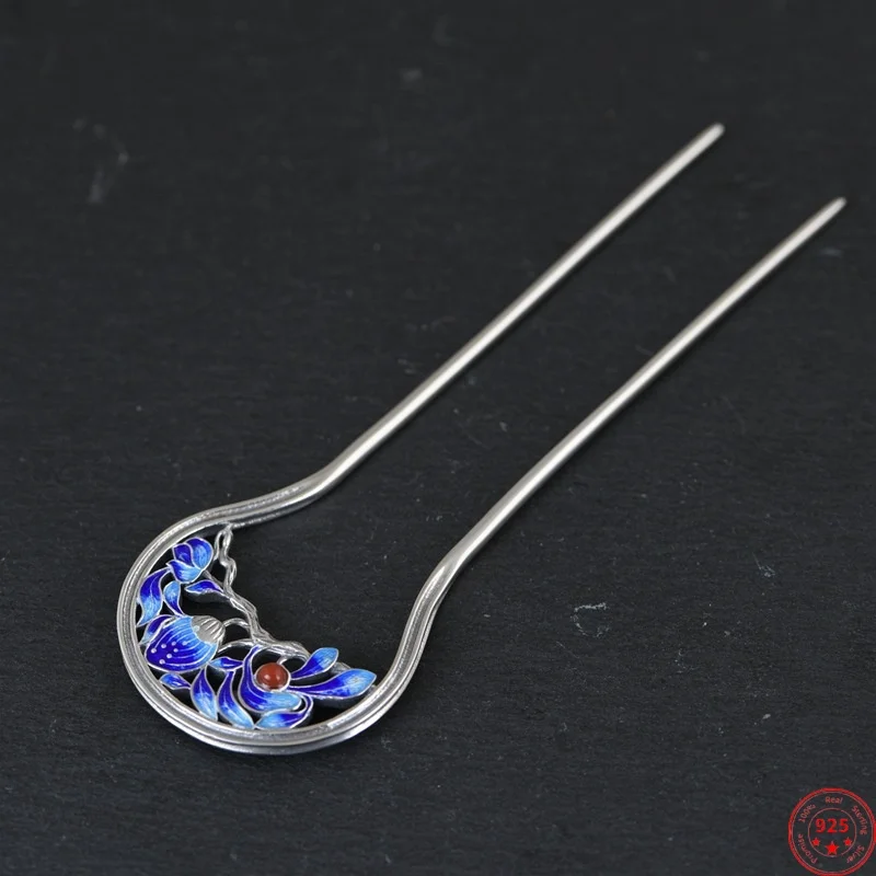 

S925 Sterling Silver Hairsticks for Women New Fashion Ethnic Style Cloisonne Flowers Hair-Forks Hair-accessories Wholesale