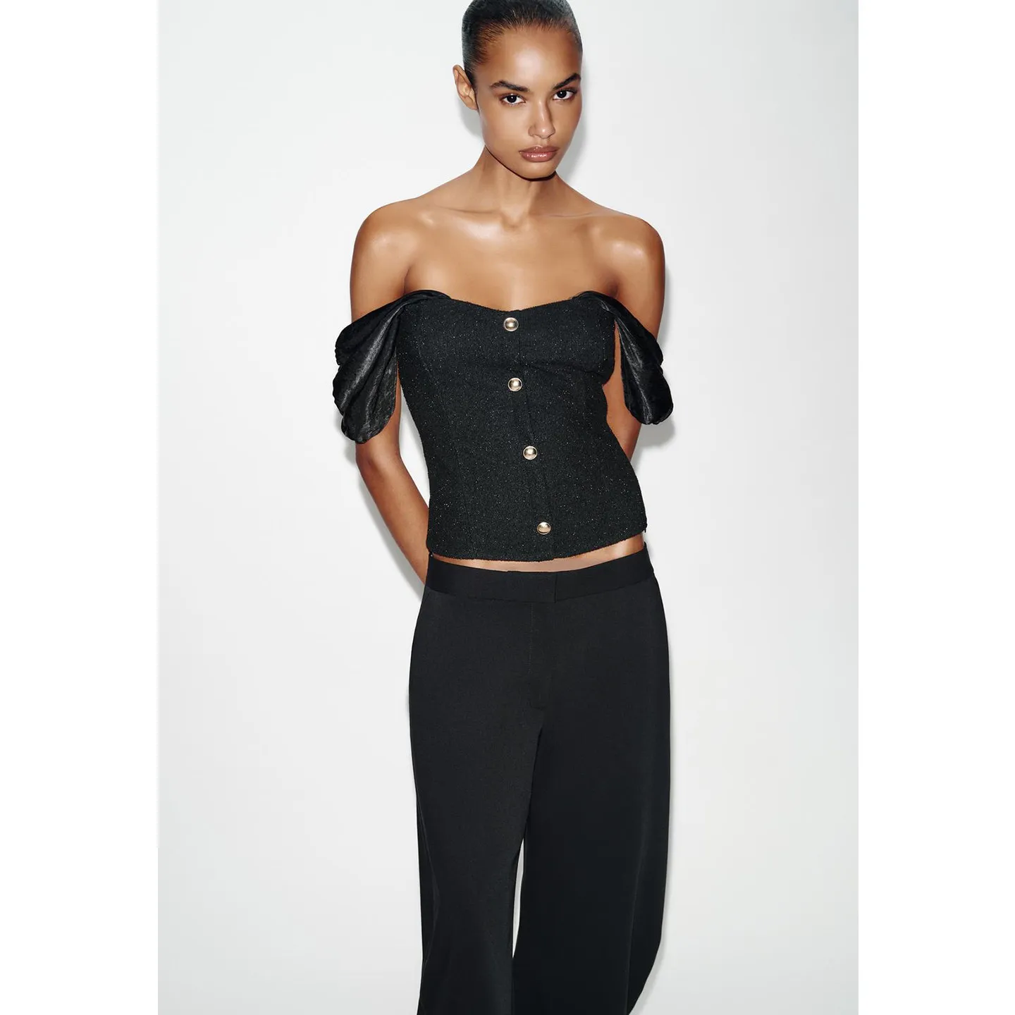 Spring Women's Commute Style Bubble Short Sleeve Woolen Patchwork Shirt Straight Collar Decorative Buttons Polyester Fiber