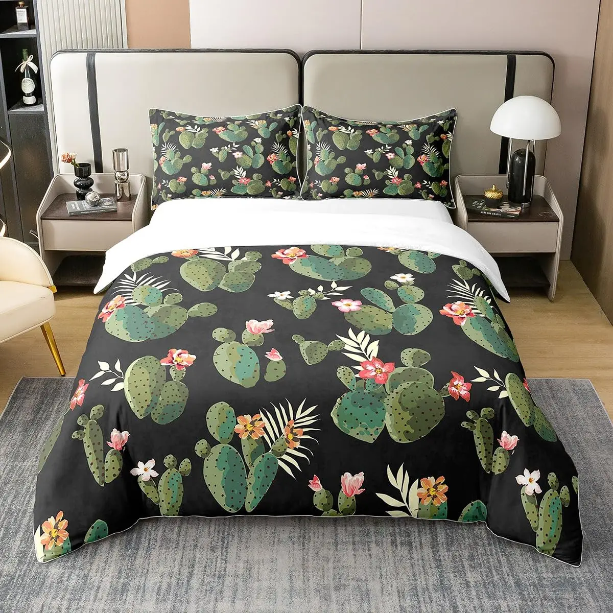 

Green Cactus Bedding Sets 4 Pieces Soft Duvet Cover Set with Pillow Shames for Teen Girls Boys Men Women Bedroom Decor Vintage