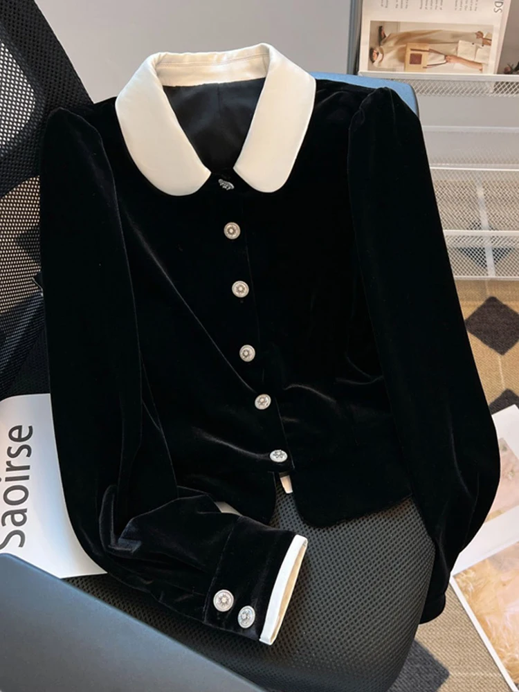

Элегантная винтажная черная бархатная рубашка женская тонкая сексуальная укороченная блузка с длинным рукавом милые ретро воротник Питера Пэна осень-зима милые топы