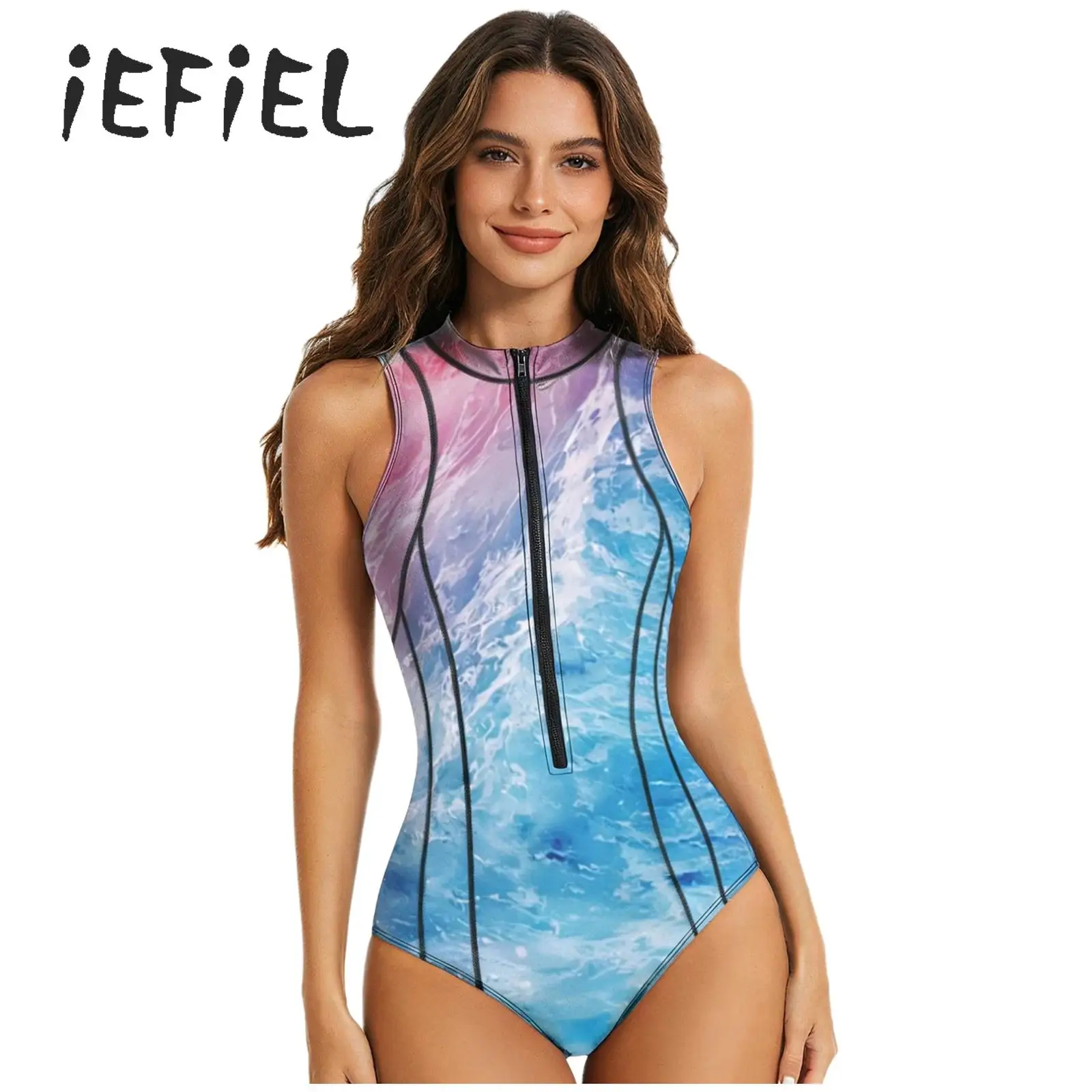 

Women One Piece Swimsuit Sleeveless Zipper Sun-protection Swimwear for Beach Swimming Surfing Water Sports Yoga Fitness Workouts