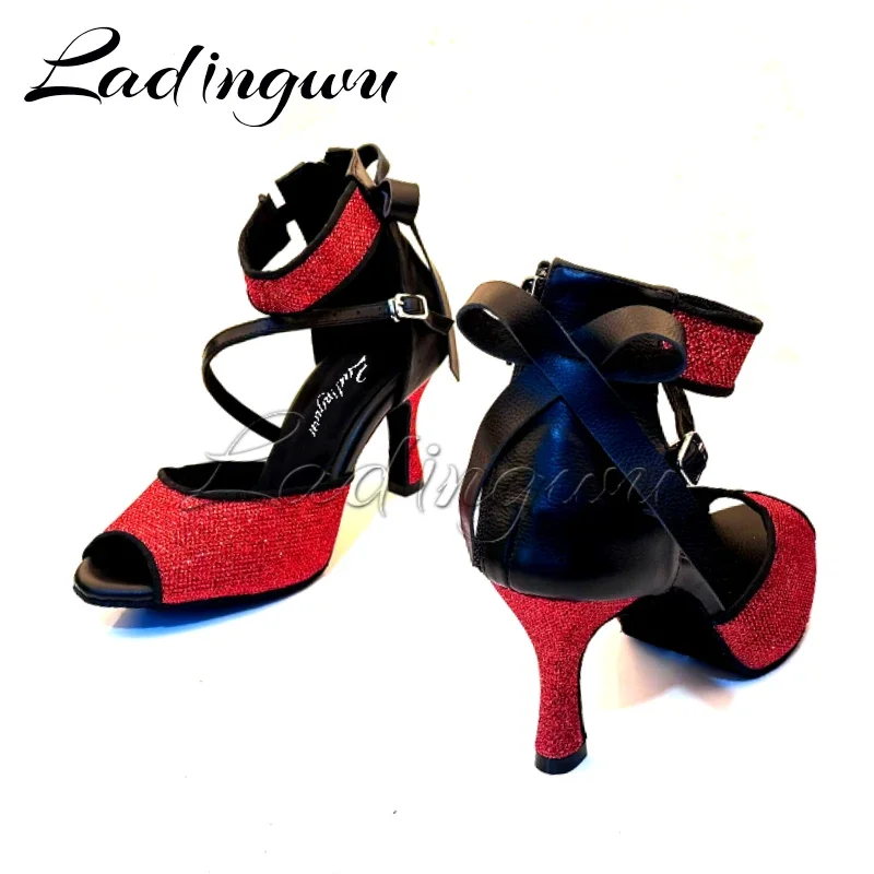 Ladingwu-Red Glitter Latin Dance Shoes, Black Leather Bow, Salsa Dance Shoes, Tango Dance Shoes, Ballroom Sandals