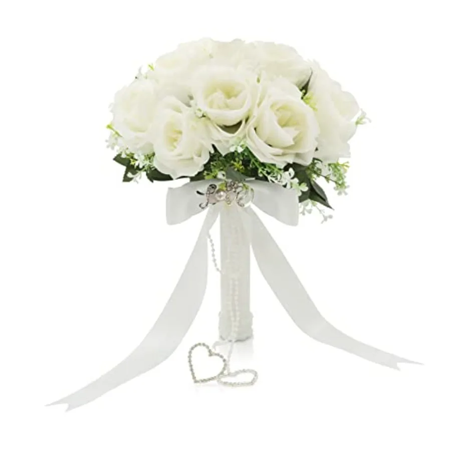 

Wedding Bouquets for Bride, White Bridal Bridesmaid Wedding Flowers with Silk Ribbon and Rhinestones, Artificial Toss Rose for