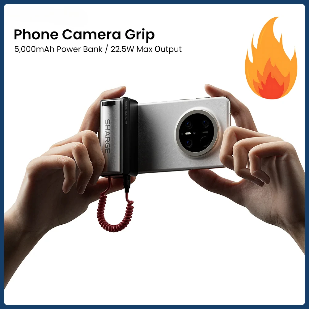 Phone Camera Grip 5000mAh Power Bank Built-in USB-C Cable & Wireless Shutter Button Compatible with iPhone 17/16 Android