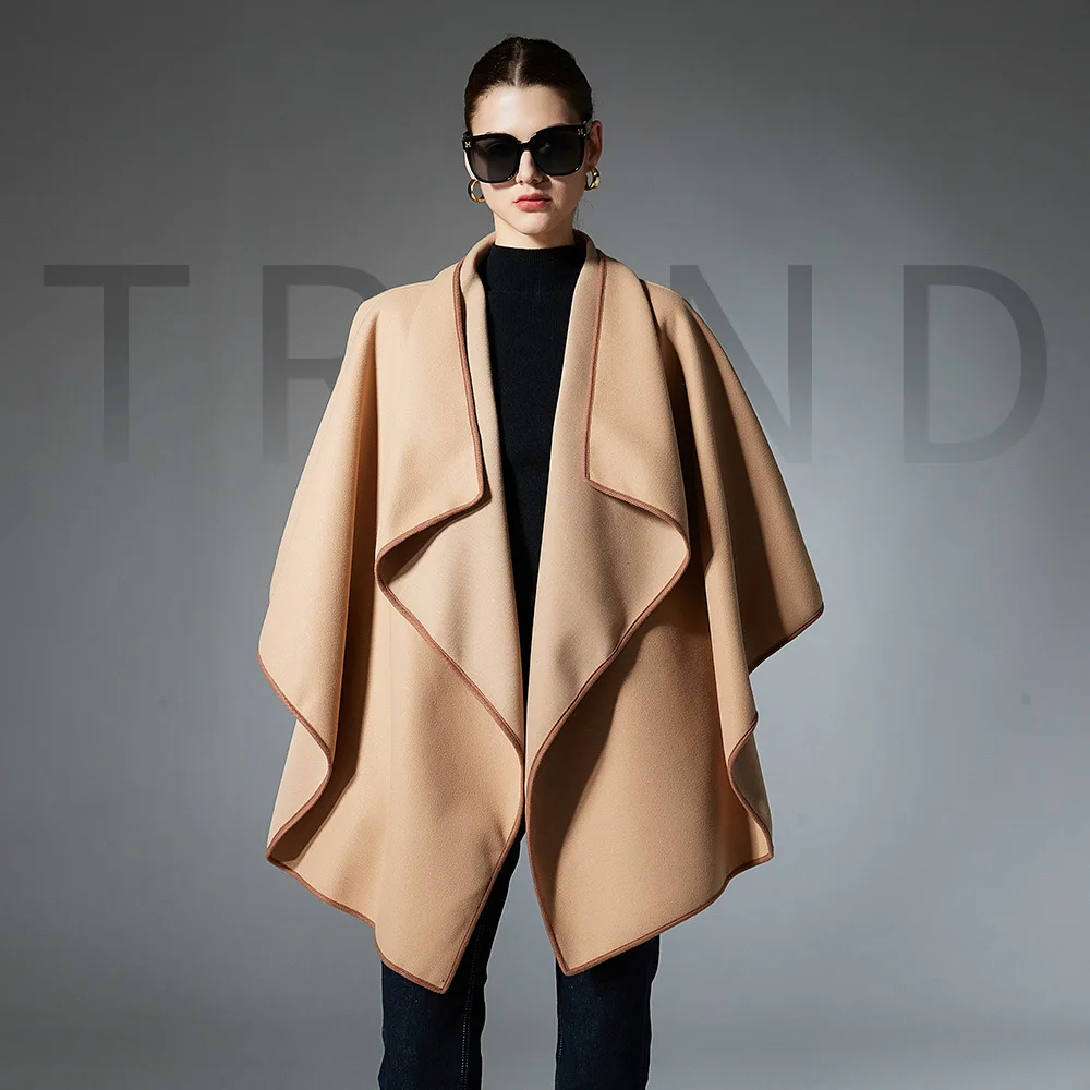

Fashion Boutique Elegant Euro Style Woolen Coat Cape Women Autumn Winter Good Faux Cashmere Poncho Pure Color Outerwear