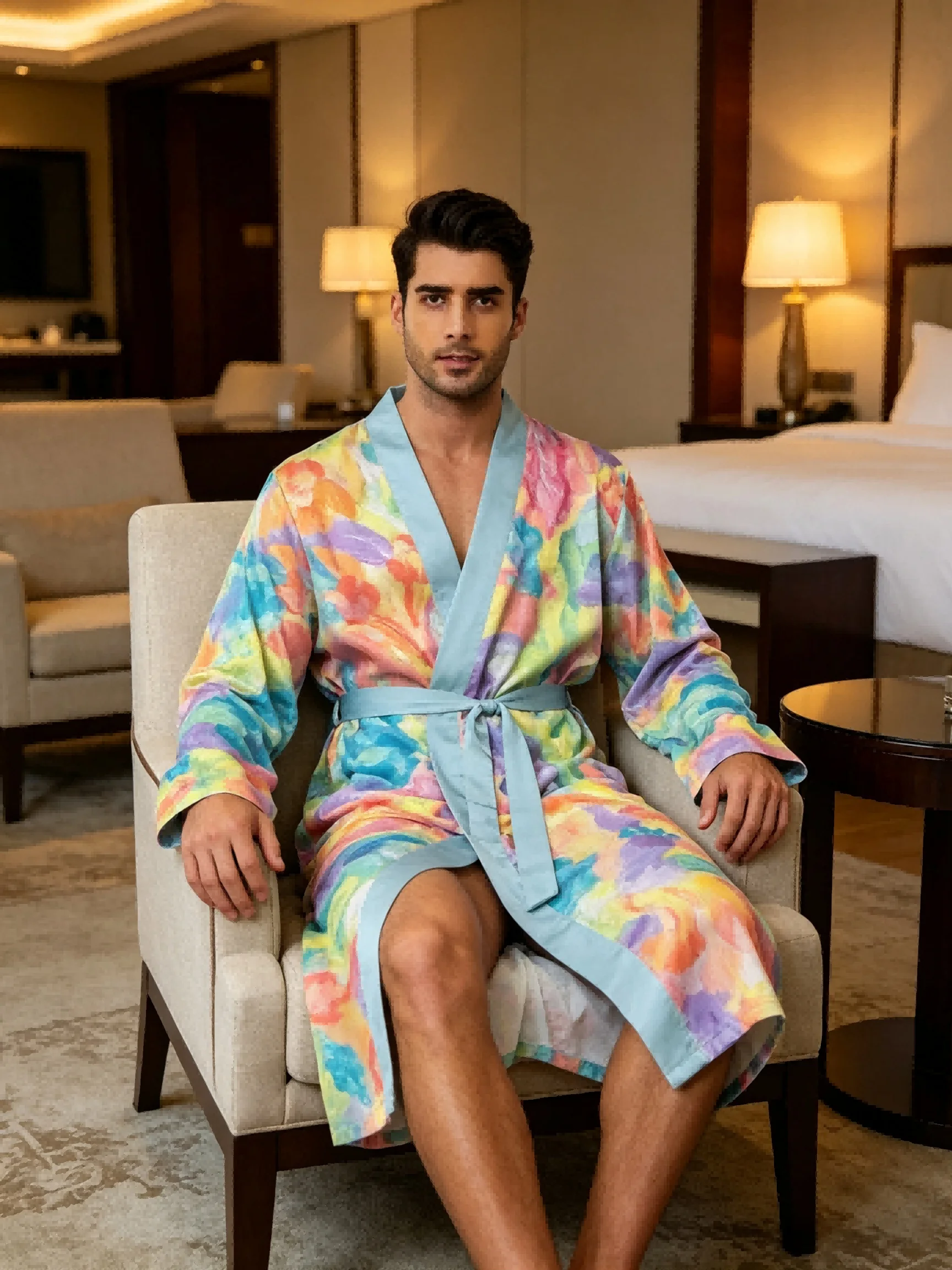 Men's lightweight quick-drying pajama bathrobe - 3D digital printing, non-fading design, stand-up collar and adjustable waistban