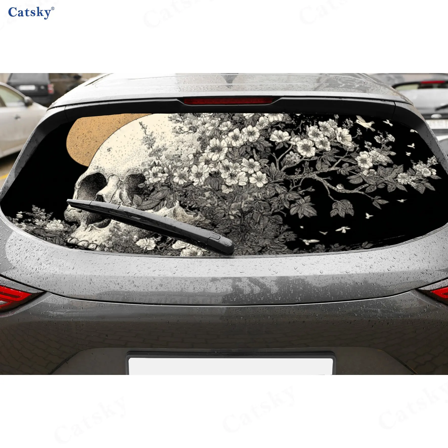 

Moon Flower Skeleton Retro Japanese Style Pattern PVC Perforated Car Vinyl Wraps, Durable Car Rear Windshield Sticker, Waterproo