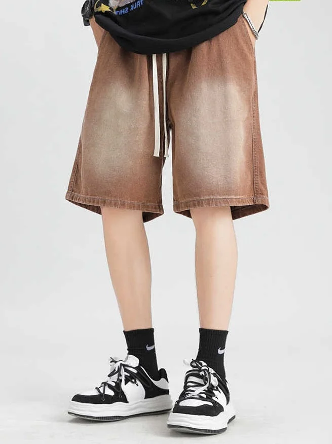 

Khaki Washed Denim Shorts Men's Summer American Trendy Brand Gradient Lightweight Straight Loose Casual Five-Quarter Mid-Pants