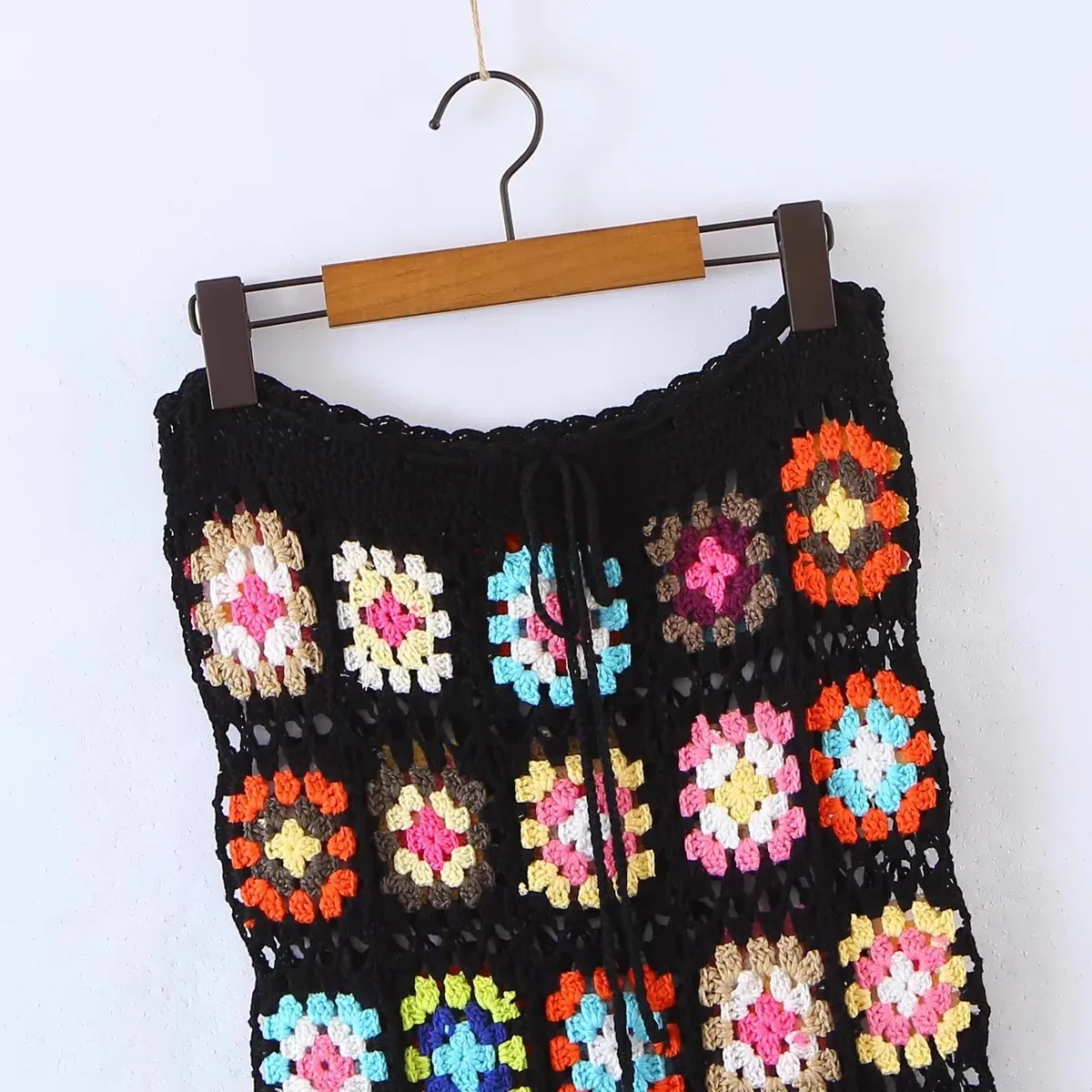 Bohemian Vintage Women\'s Girl Hollow Out Lacing up Skirts Hand-made Granny Square Croche Knitted