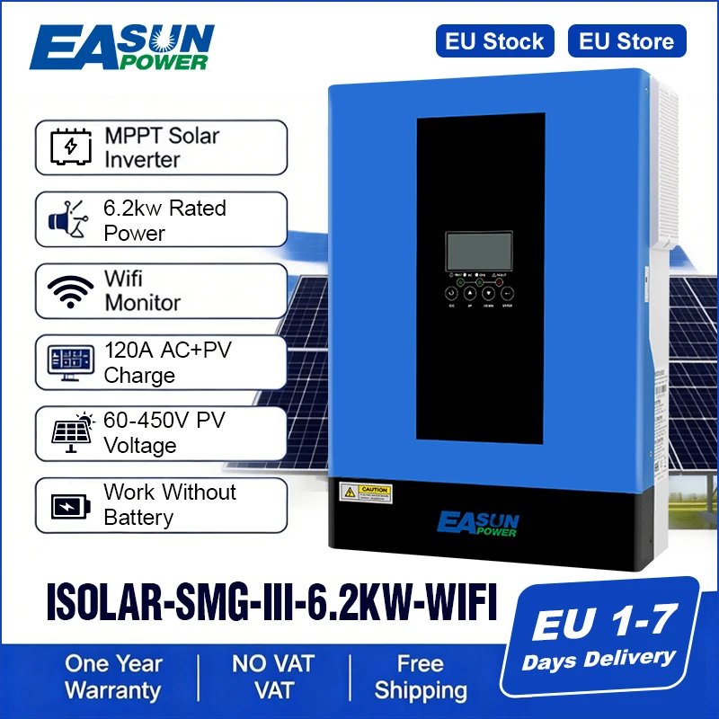 EASUN 6200W Hybrid Solar Off Grid Inverter 48V 220V MPPT 6500W 120A 500V Caricatore ad alta fotovoltaica 50/60hz con WIFI BMS Generatore EU