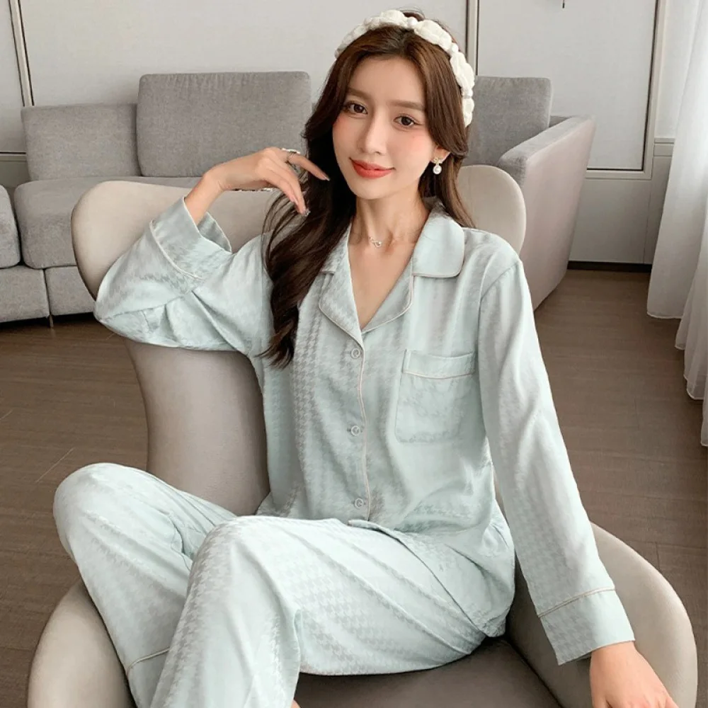 Women\'s Pajama Set Spring Autumn 2 Piece Plaid Print Pyjama Faux Silk Satin Sleepwear Long Sleeve Pijama Mujer Pjs Homewear