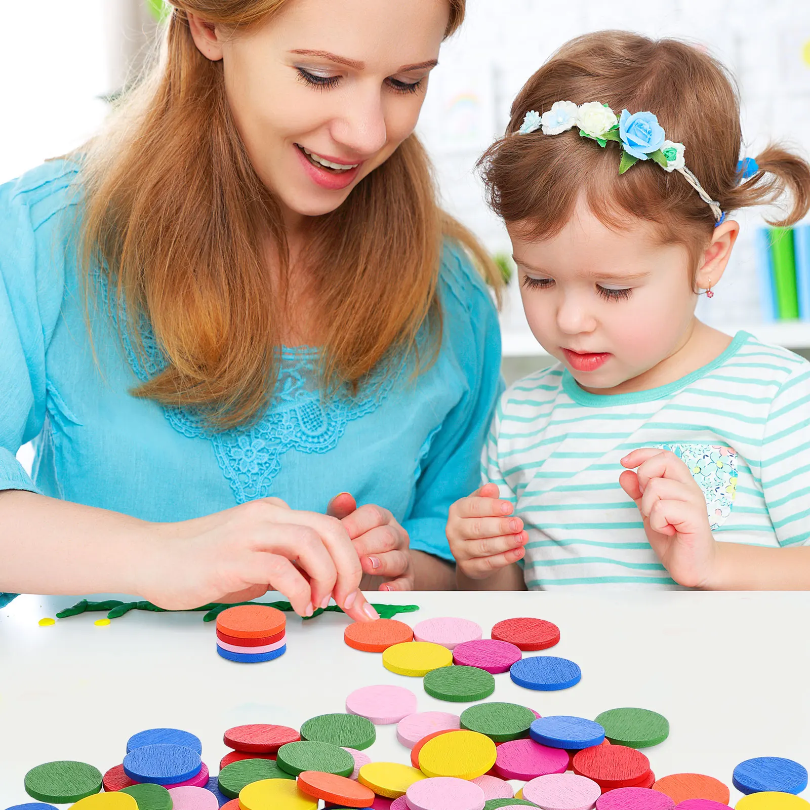 100 Pcs Colorful Wood Disc Round Pieces DIY Craft Kids Toys Montessori Math Counting Circles Educational Tools Gaming