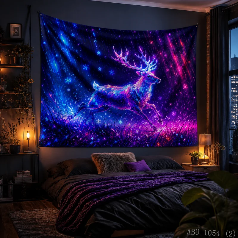 VIKAMA Purple Blue Star River Meteor Shower Elk Christmas Tapestry, HD Cloth, Romantic Christmas Wall Background Decor
