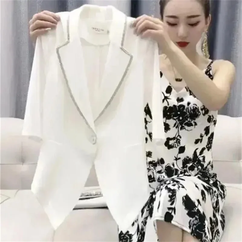 

Light Luxury Two piece Set For Women's 2024 Spring/Summer New Fashion Slimming Print Sling Dress+Short Sleeve Blazer Elegant