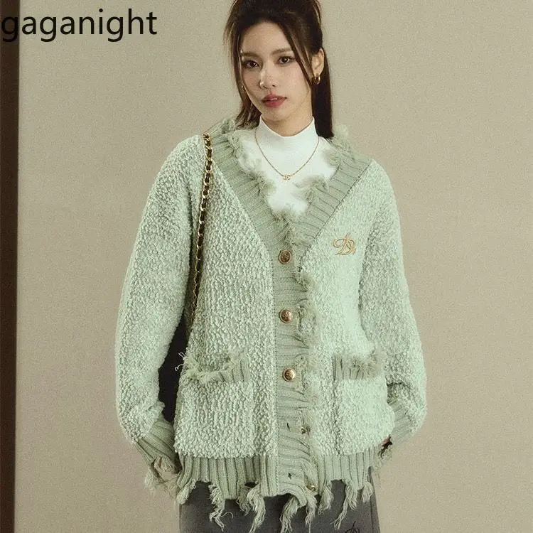 

Gaganight Women American Retro V neck Frayed Hole Cardigan Jacket Knitted Jacket 2024 Autumn Winter New Button Loose Casual Top