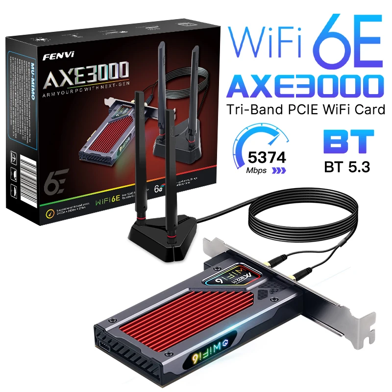 Fenvi FV-AXE3000 Wi-Fi 6E AX210 Bluetooth 5.3 Wireless 5374Mbps 2.4G/5GHz/6G WiFi 802.11AX/AC PCIExpress Network Card Adapter PC