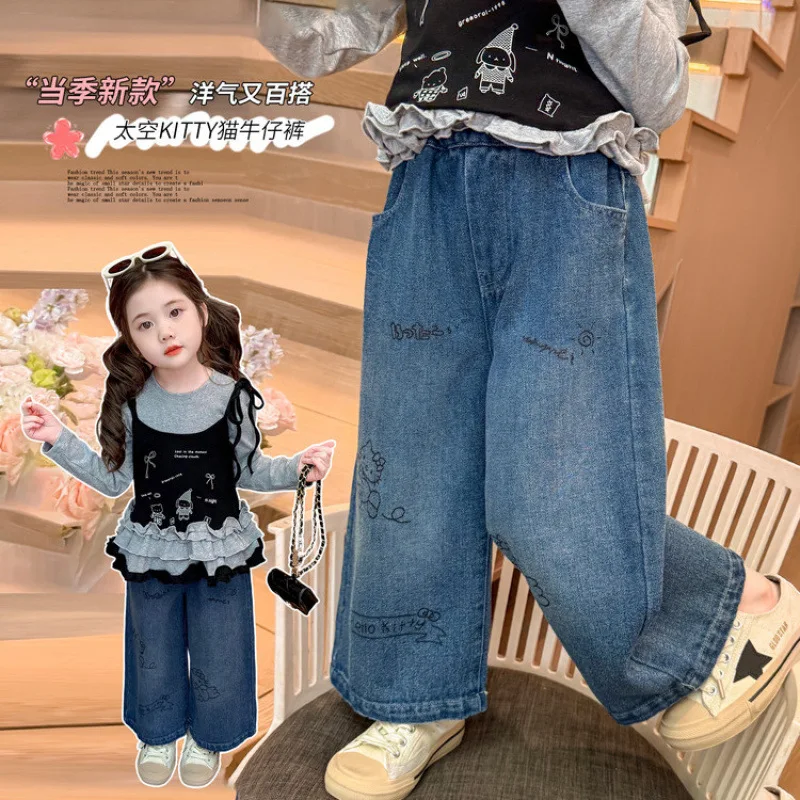 

Хэллоуин для девочек, весна-осень, кавайные прямые джинсы Sanrio Hello Kitty, новые детские стильные корейские широкие брюки с героями мультфильмов аниме