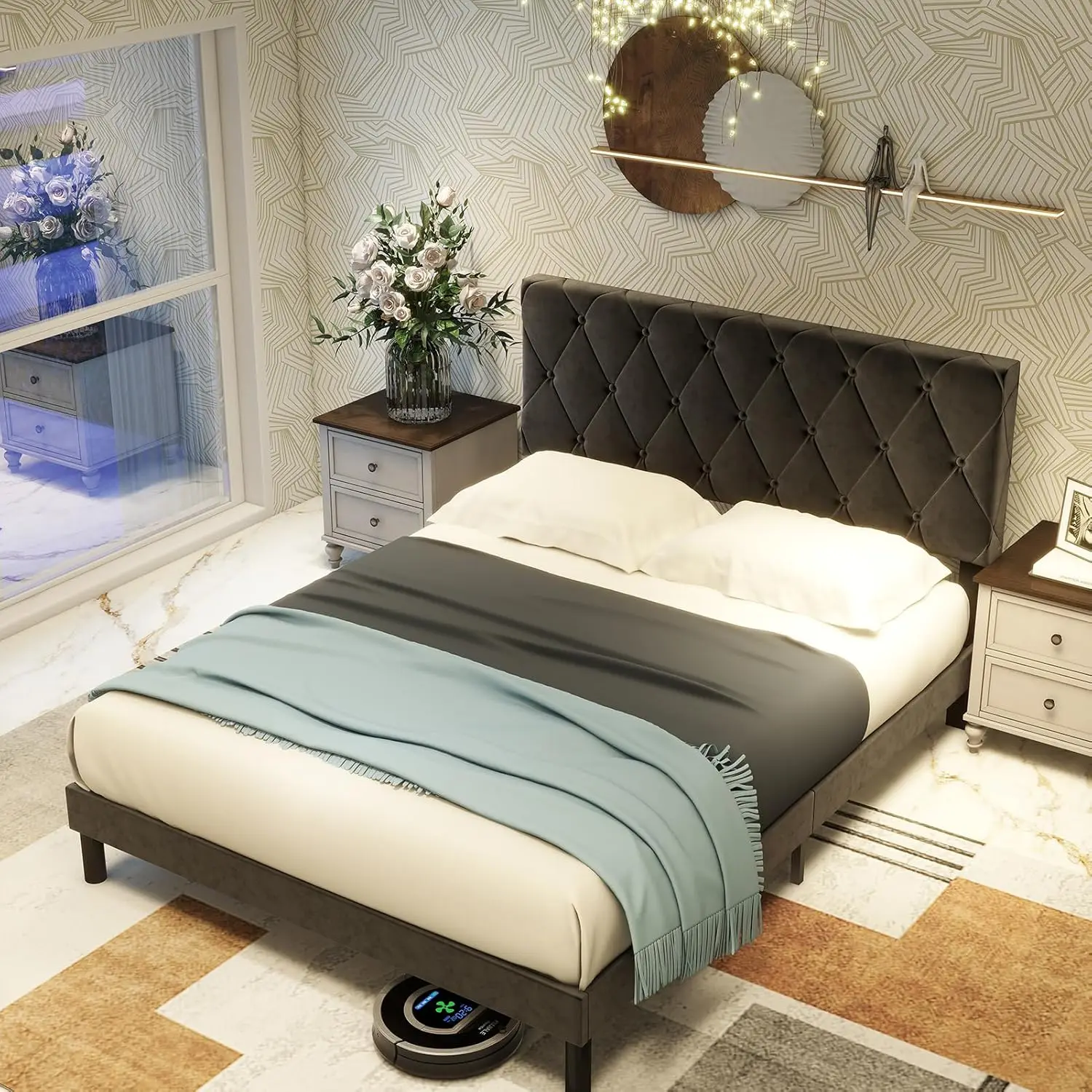 Queen Size Bed Frame, Velvet Upholstered Platform with Headboard, Easy Assembly, No Box Spring Needed, Non-Slip and Noise