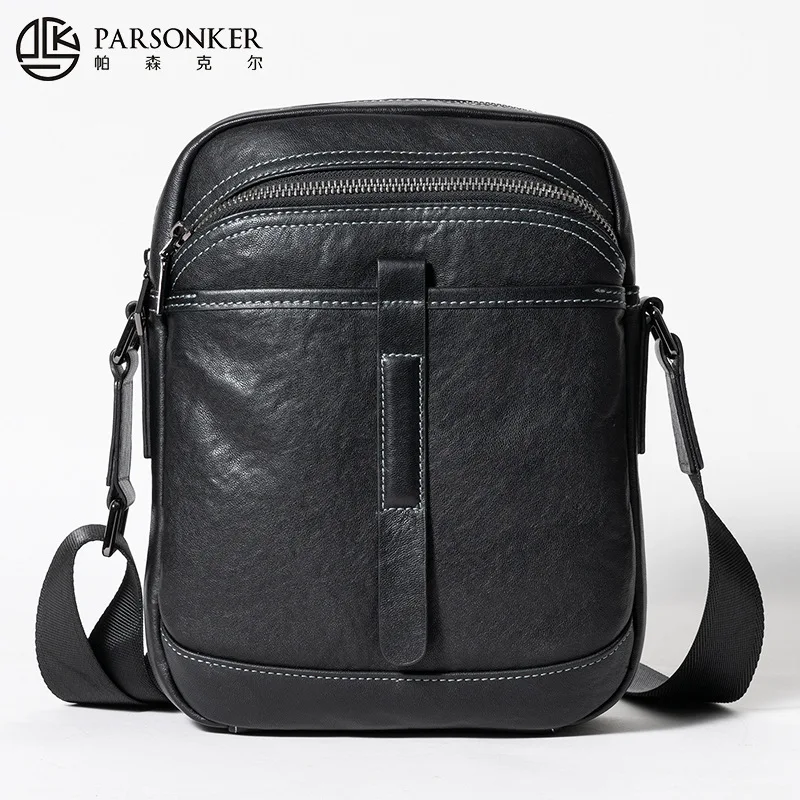 Men's genuine leather single-shoulder bag with multiple compartments, square, lightweight travel, high-end crossbody backpack