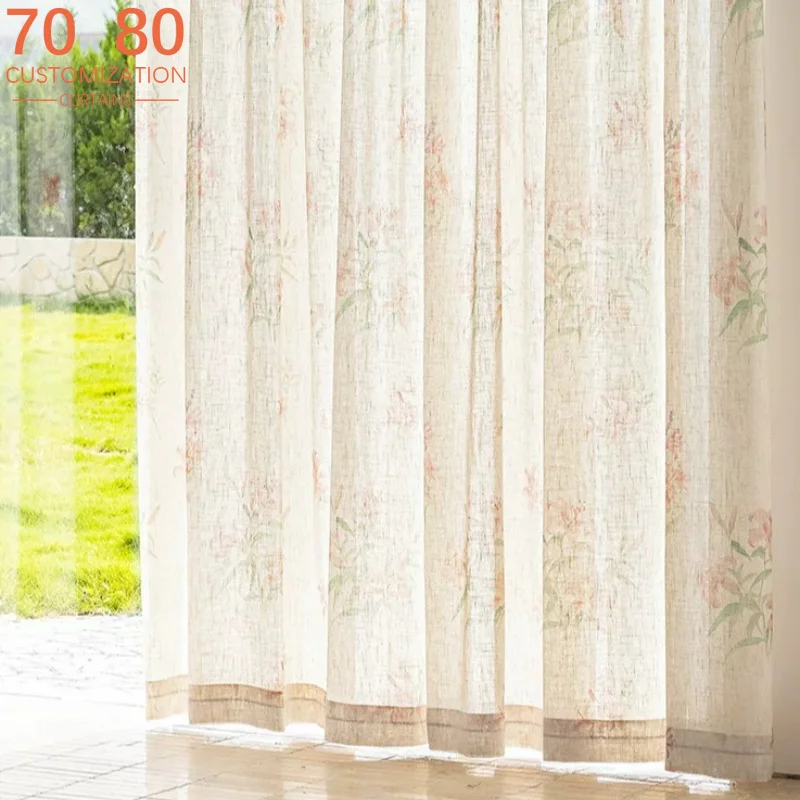 New Plant Printing Linen Gauze Curtains for Living Room Bedroom French Window Balcony Bay Window Customized Products