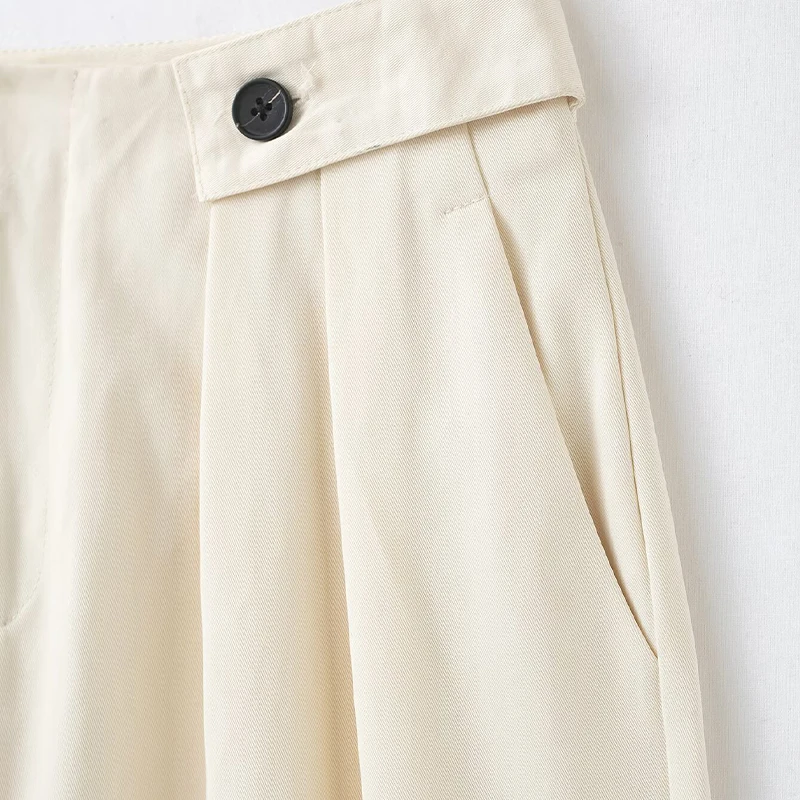 Willshela سراويل نسائية عصرية باللون البيج بسحاب أمامي مطوي مستقيمة عتيقة بخصر عالٍ بطول كامل سراويل نسائية أنيقة #5