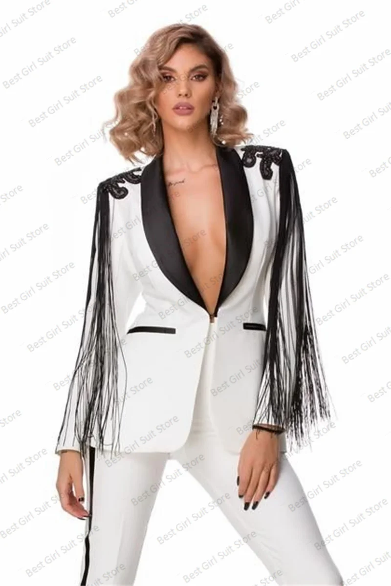 Blazer de casamento feminino e conjunto de calças, vestido de baile, branco e preto, vestido de borla, gola V sexy, jaqueta de festa, sob medida, 2 peças