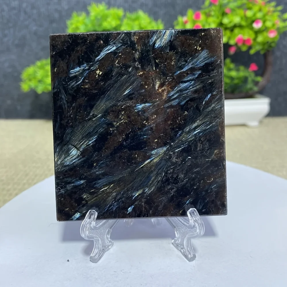 Astrophylite Firework Stone Slice, Deep Black & Yellow Ray Crystal in Square Cut, Mineral Decoration for Home Office Tabletop