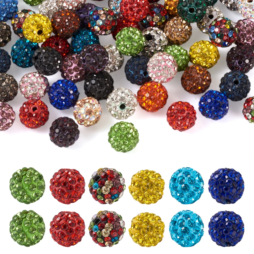 

100pcs 10mm Crystal Glass Rhinestone Bead Clay Pave Beads Round Disco Ball Mixed Color for Jewelry Making DIY Bracelet Necklace