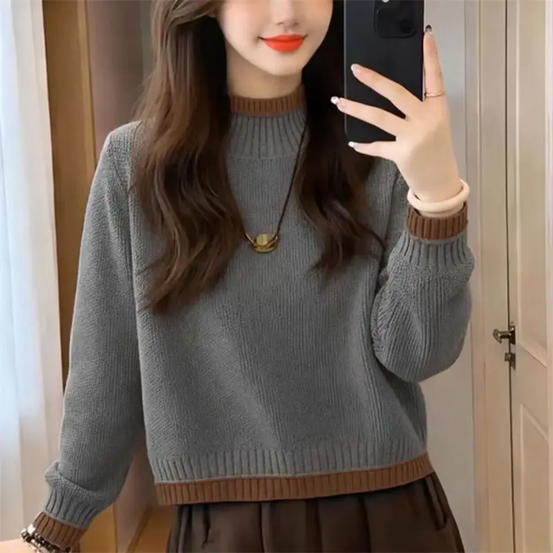 Women Color Block Mock Neck Knit Sweater Short Loose Lazy Style Long Sleeve Autumn Winter Pullover Top