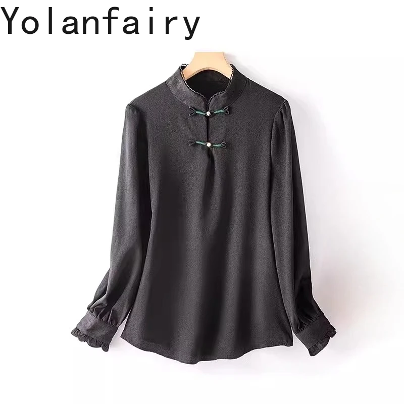 

YOLANFAIRY 93% Real Mulberry Silk Shirts for Women 2026 Elegant Long Sleeve Shirt Woman Clothing Vintage Blouses Black Shirt