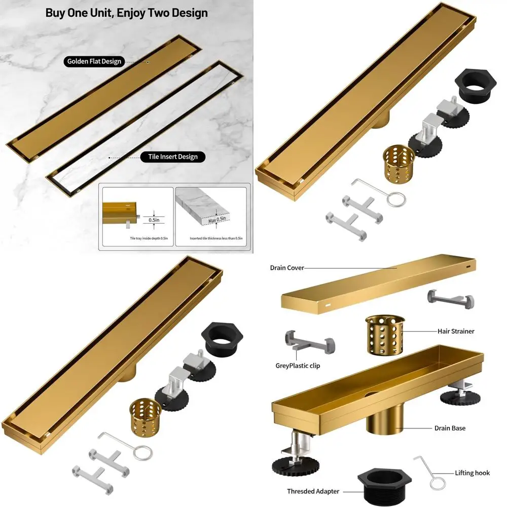 

Gold 48-Inch 304 Stainless Steel Linear Shower Drain with Hair Catcher and Adjustable Feet for Invisible Floor Installation