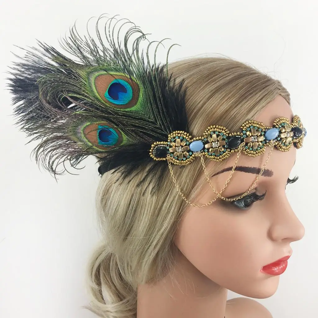 Women Feather Headband 20s Beaded Fascinator Headpiece Bridal Prom Headwear