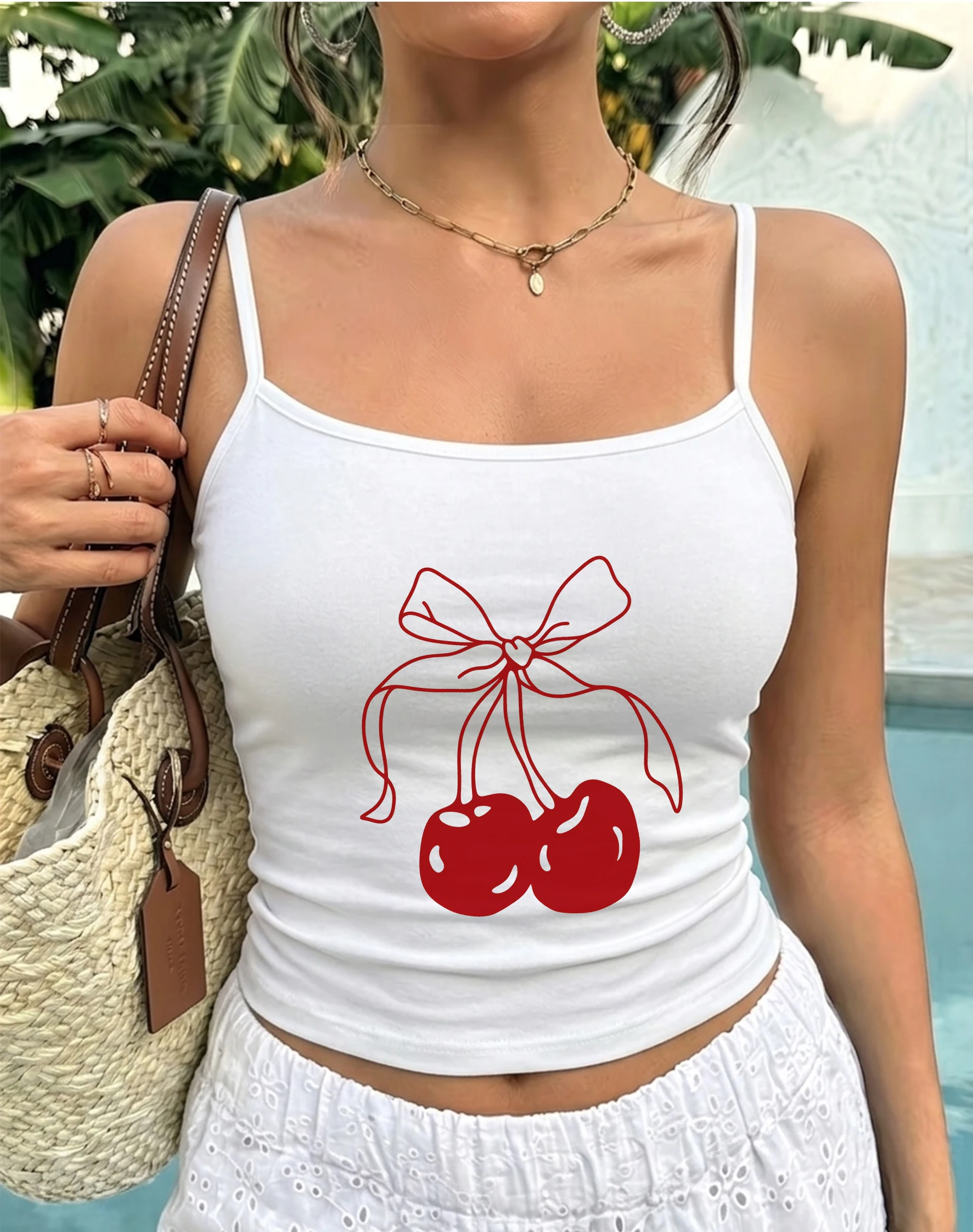 Trendy Cherry Bow Graphic Camisole Top Cute Coquette Ribbon Tank Spaghetti Strap Sleeveless Summer Tee Gift Idea for Her