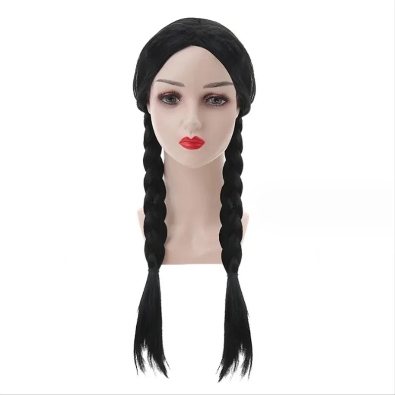 여자 어린이용 블랙 더블 브레이드 플랫 뱅스 수요일 역할극 합성 가발 파티용 소녀 수요일 코스프레에 적합