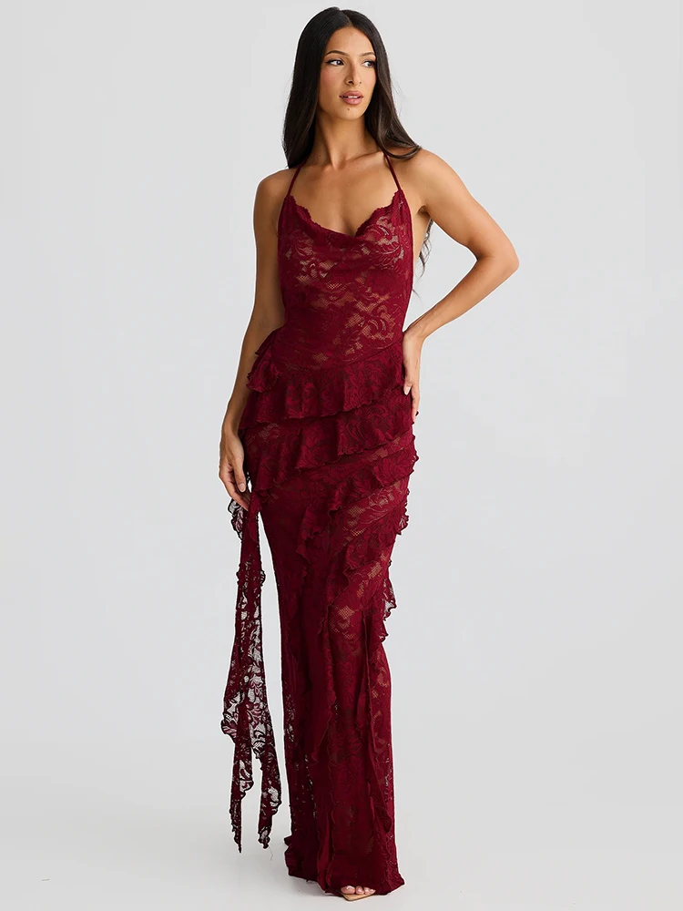 

Lace Tiered Ruffles Maxi Dress Women Summer Backless Halter Sexy Bodycon Slim Dresses Elegant Beach Club Party Long Dress 2025