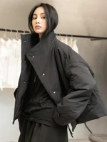 [EAM] Black Warm Short Stand Collar Cotton-padded Coat Long Sleeve Loose Fit Women Parkas Fashion New Autumn Winter 2026 1DD1637 3
