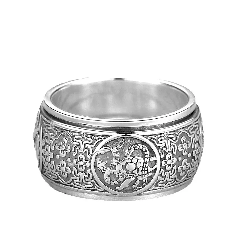 Classic Style Rotatable/Four Great Divine Beast Domineering 925 Silver Mens Rings Vintage Wide Ring Exquisite Charm Jewelry