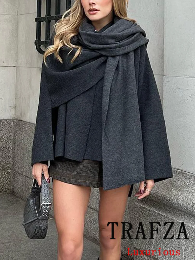 TRAFZA Vintage Casual Chic Knitted Women Solid Coat Asymmetric Scarf Warm Coats New Fashion 2024 Autumn Winter Female Outwears