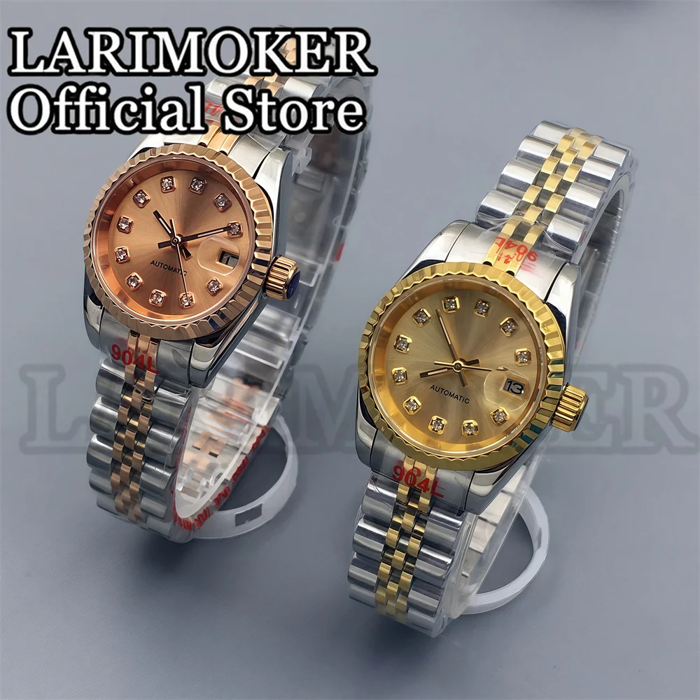 LARIMOKER 26MM ladies mechanical watch masonry index gold rose gold sunburst dial Sapphire Glass two-toneStainless band