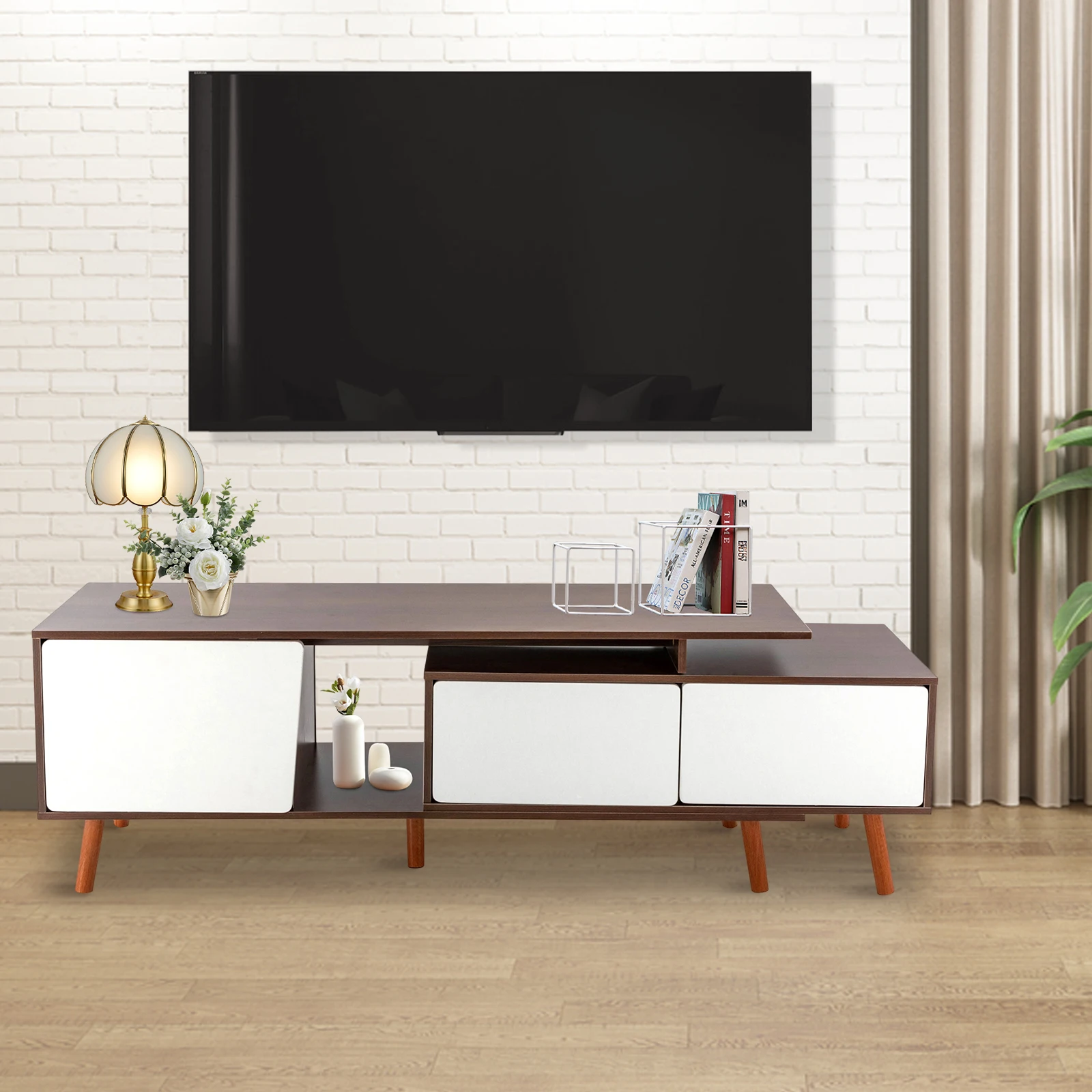 Length Adjustable Modern TV Stand Entertainment Center with Storage Wooden TV Console Table Media Cabinet for Living Room