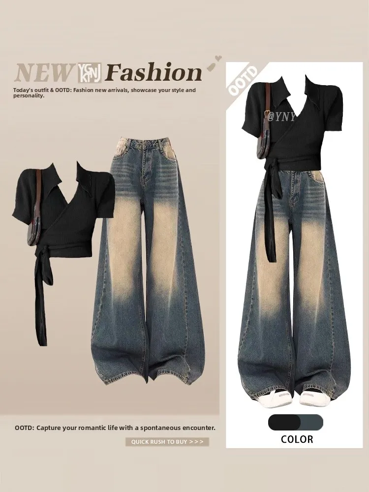 

Модный женский комплект: футболка с коротким рукавом и джинсы, комплект из двух предметов с эффектом утяжки талии